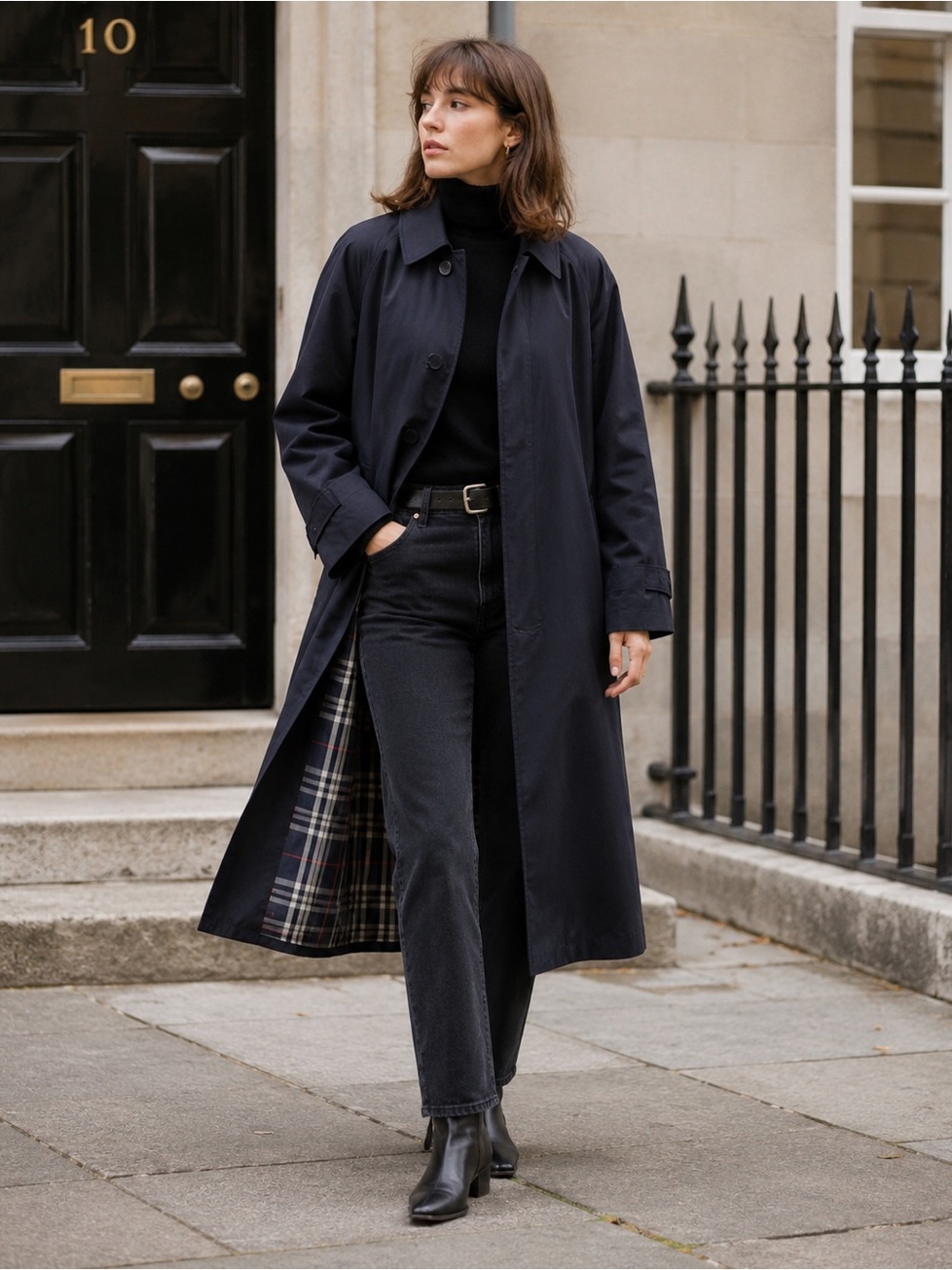 Vintage 1990s Burberry Navy Car Coat Made in England Lined Trench Raincoat - Sz